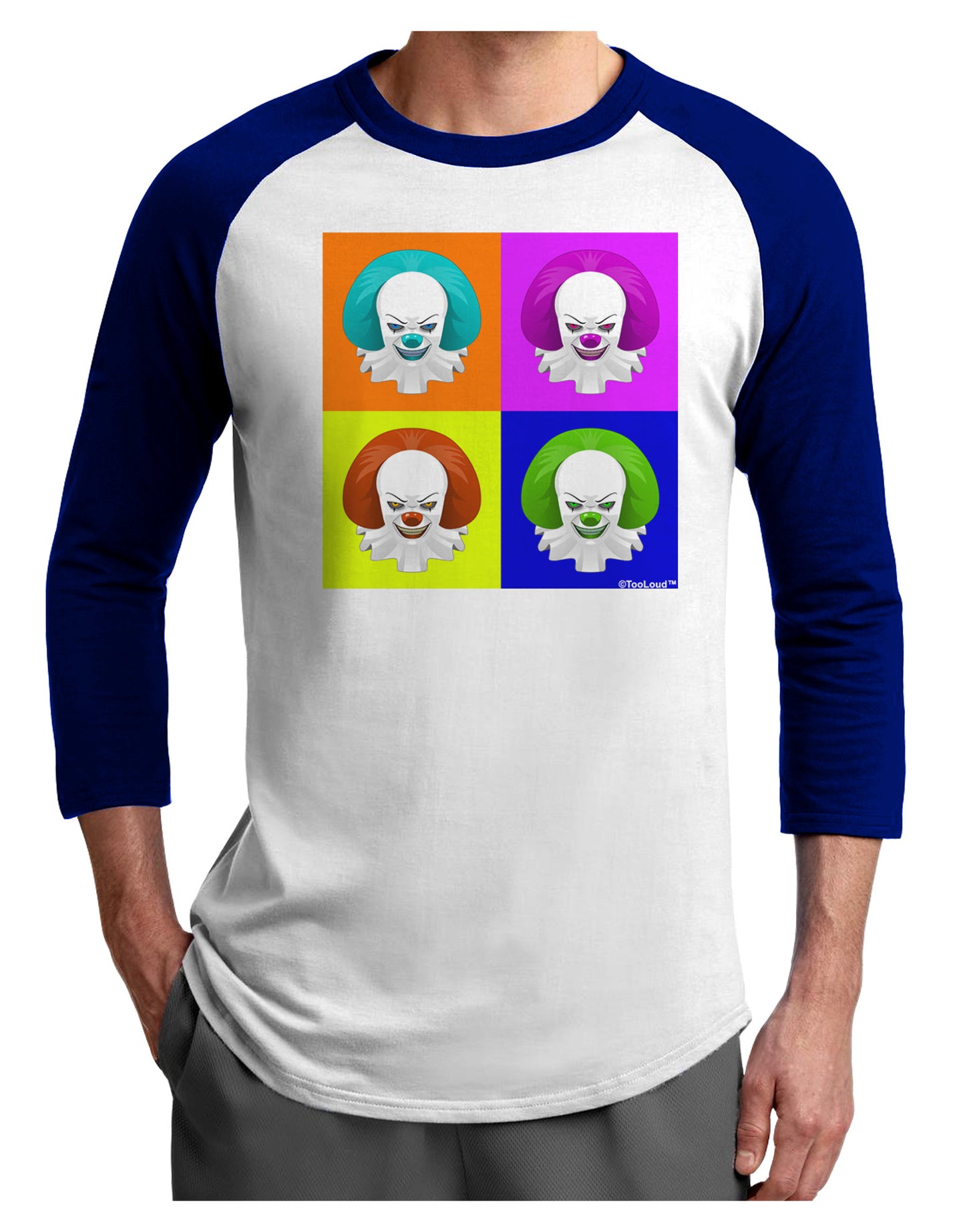 Clown Face Pop Art Adult Raglan Shirt-TooLoud-White-Royal-X-Small-Davson Sales