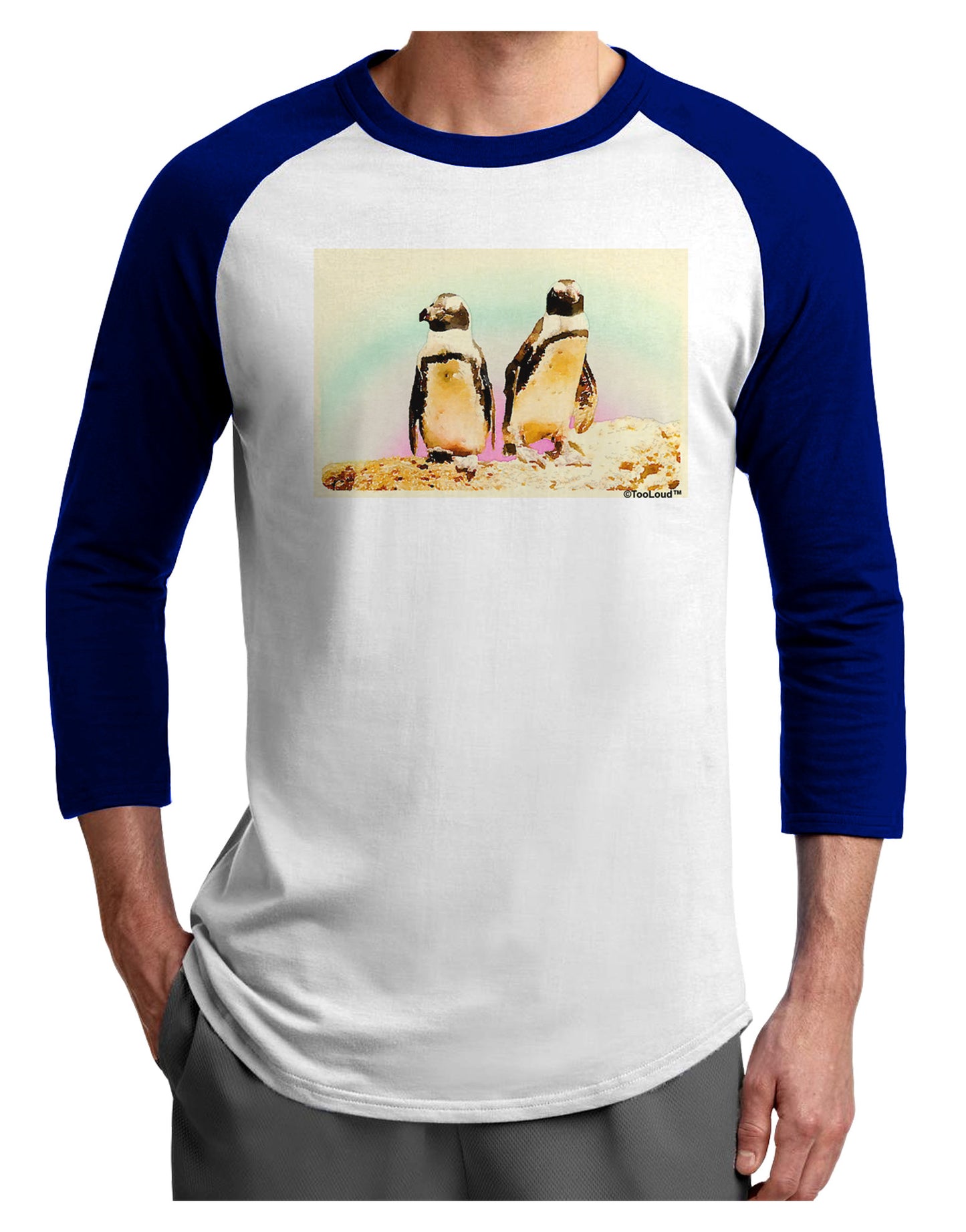 Magellanic Penguin Watercolor Adult Raglan Shirt-TooLoud-White-Royal-X-Small-Davson Sales