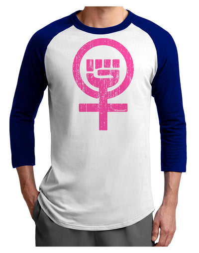 Pink Distressed Feminism Symbol Adult Raglan Shirt-TooLoud-White-Royal-X-Small-Davson Sales