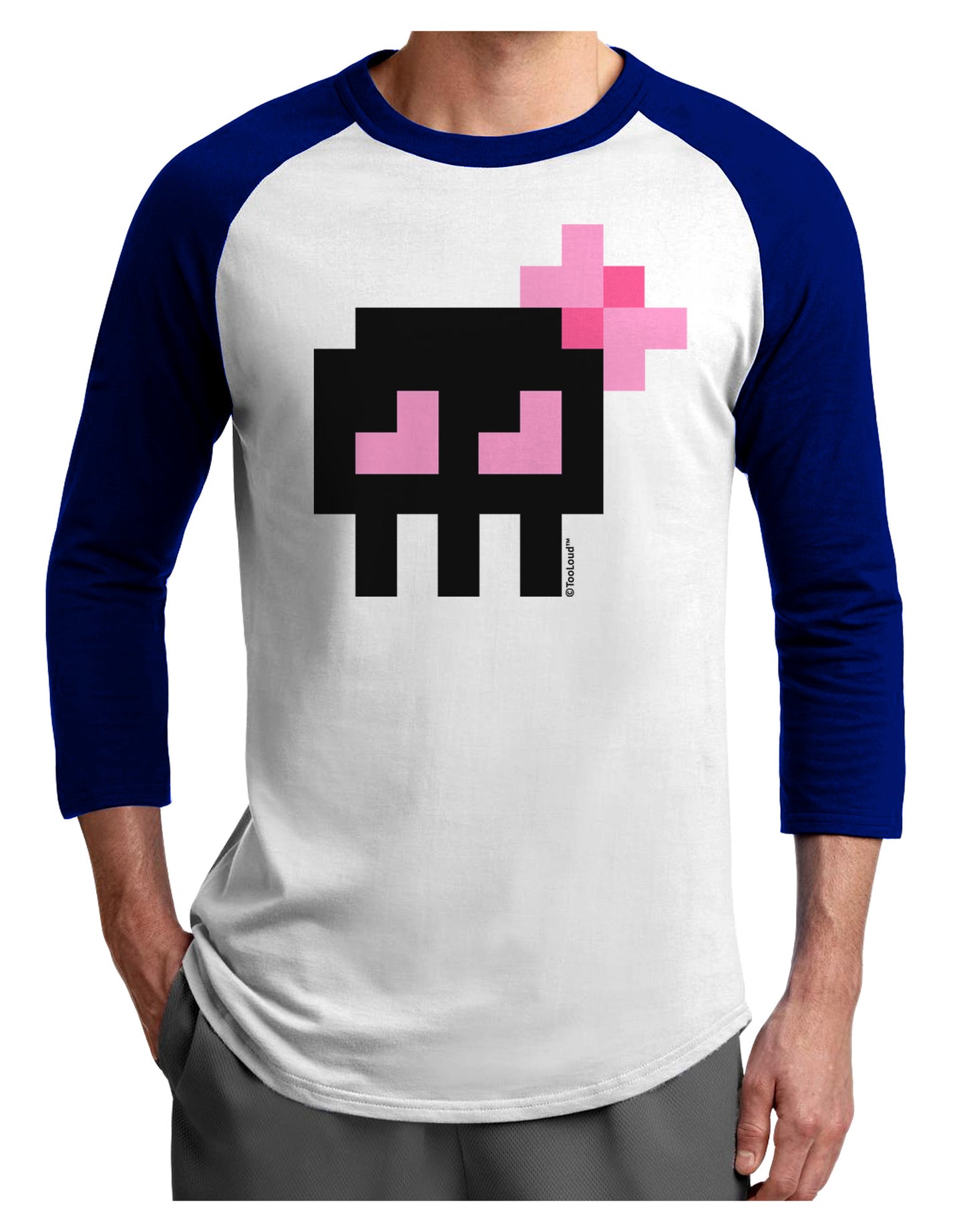 Retro 8-Bit Skull with Pink Bow Adult Raglan Shirt-TooLoud-White-Royal-X-Small-Davson Sales