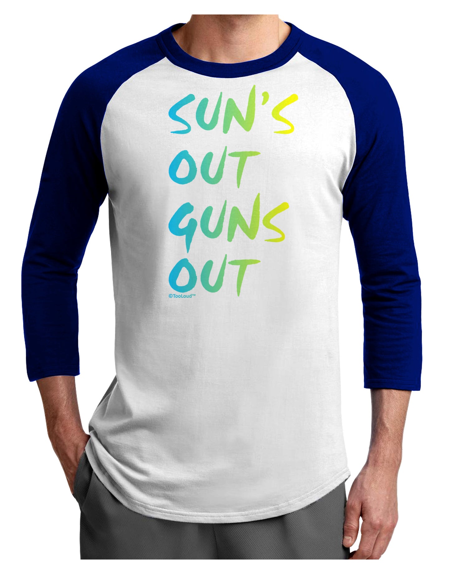 Suns Out Guns Out - Gradient Colors Adult Raglan Shirt-TooLoud-White-Royal-X-Small-Davson Sales