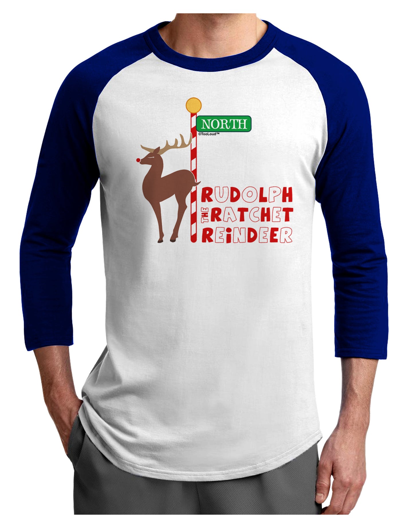 Rudolf Ratchet Reindeer Color Text Adult Raglan Shirt-TooLoud-White-Royal-X-Small-Davson Sales