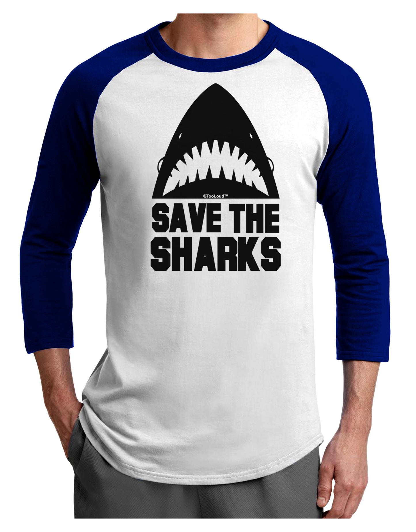 Save The Sharks Adult Raglan Shirt-TooLoud-White-Royal-X-Small-Davson Sales