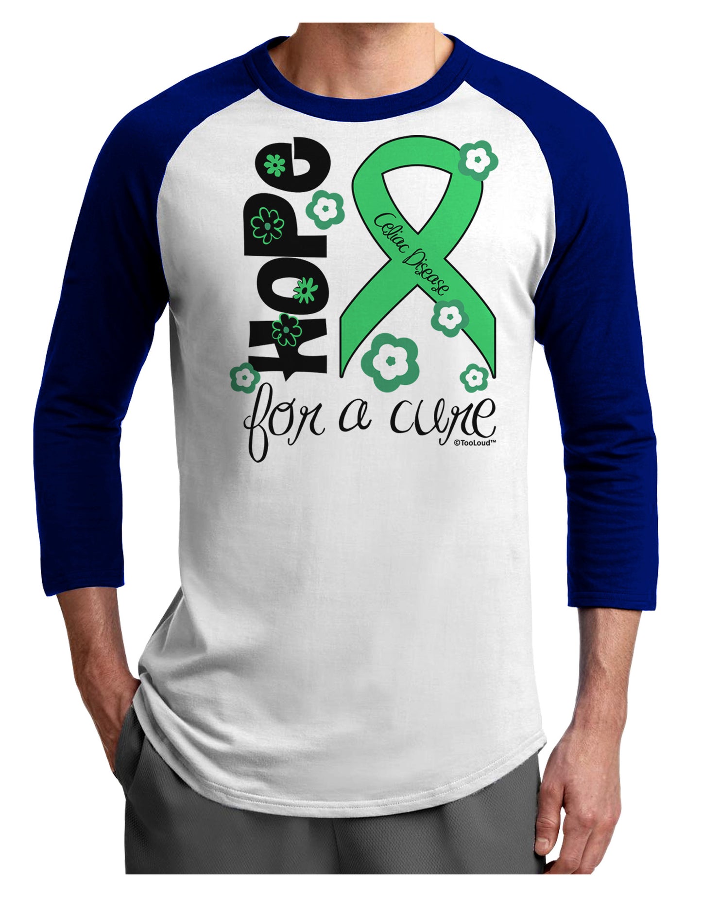 Hope for a Cure - Light Green Ribbon Celiac Disease - Flowers Adult Raglan Shirt-TooLoud-White-Royal-X-Small-Davson Sales