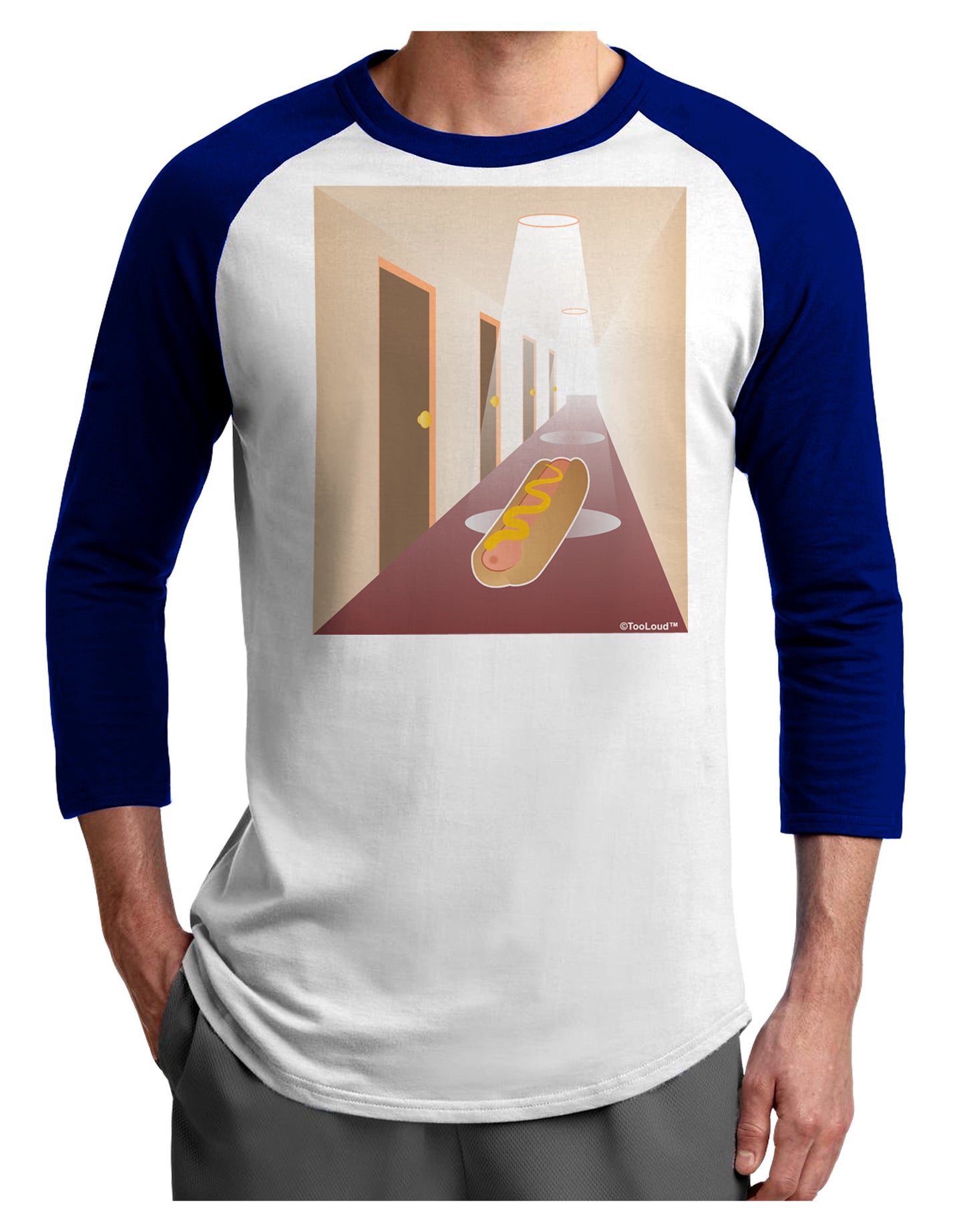 Hotdog in a Hallway Adult Raglan Shirt-TooLoud-White-Royal-X-Small-Davson Sales