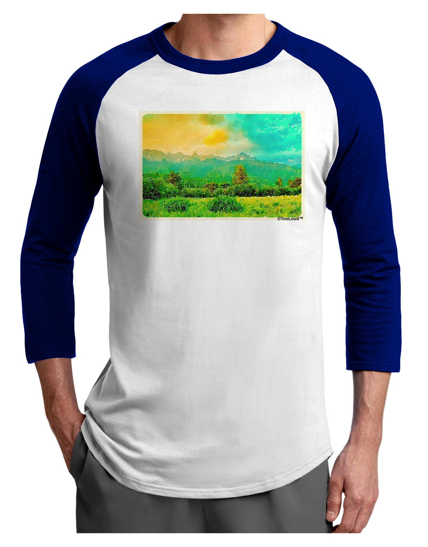 Mountain Sunset Watercolor Adult Raglan Shirt-TooLoud-White-Royal-X-Small-Davson Sales