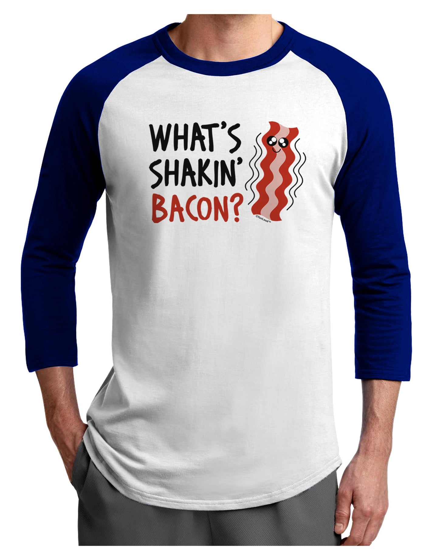 What's Shakin' Bacon Adult Raglan Shirt-Raglan Shirt-TooLoud-White-Royal-X-Small-Davson Sales