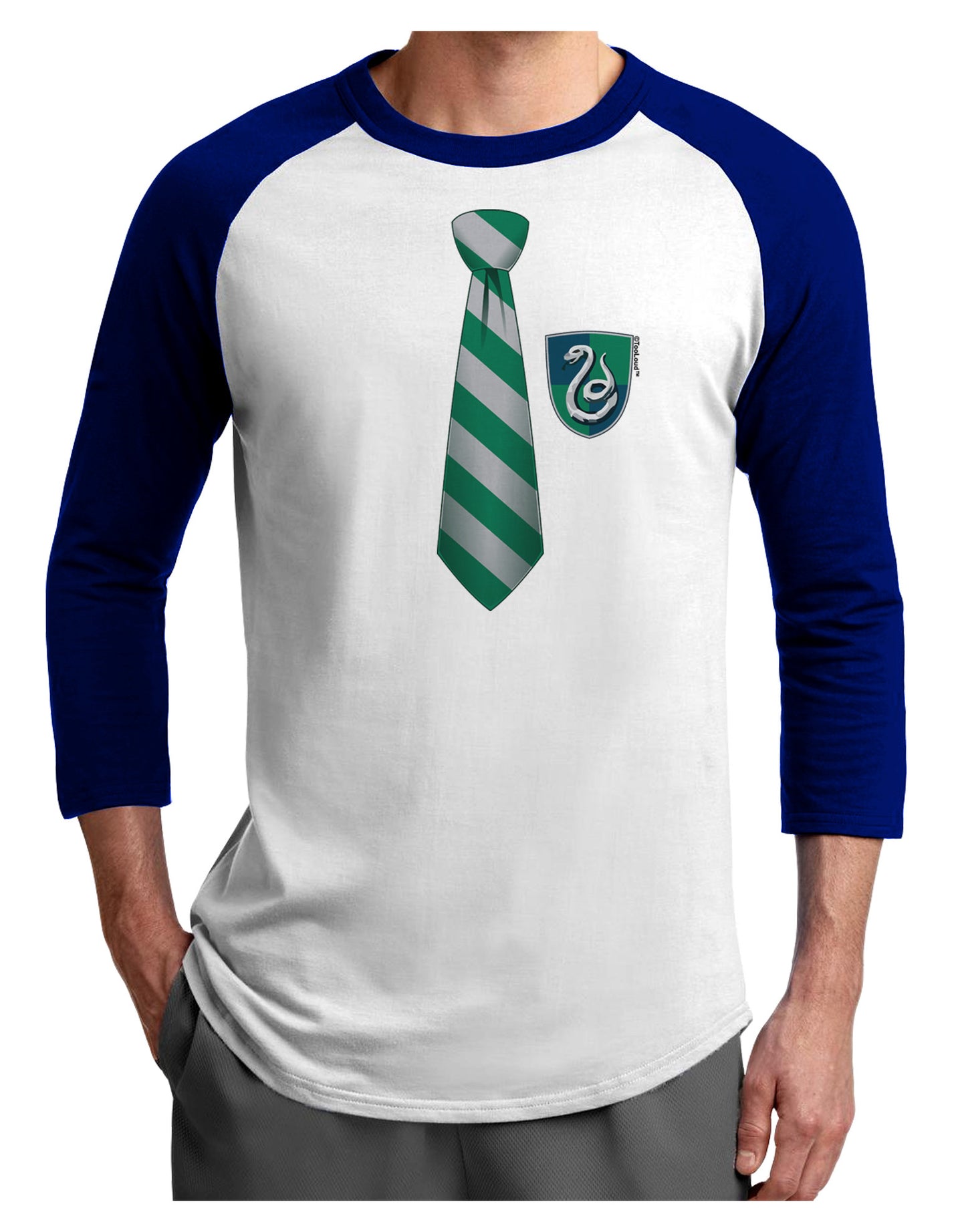 TooLoud Wizard Tie Green and Silver Adult Raglan Shirt-TooLoud-White-Royal-X-Small-Davson Sales