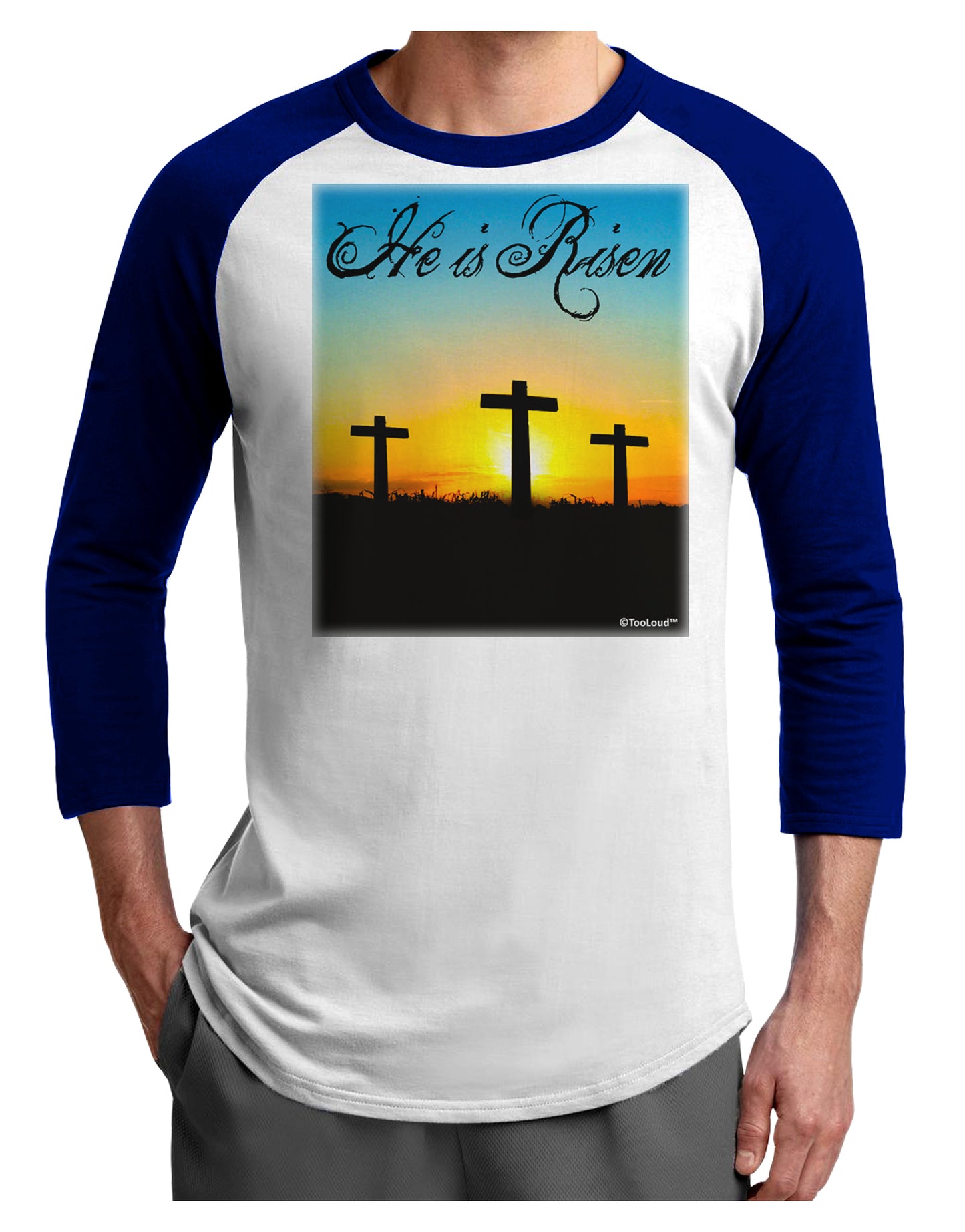 Three Crosses Sunrise - He Is Risen Adult Raglan Shirt by TooLoud-TooLoud-White-Royal-X-Small-Davson Sales