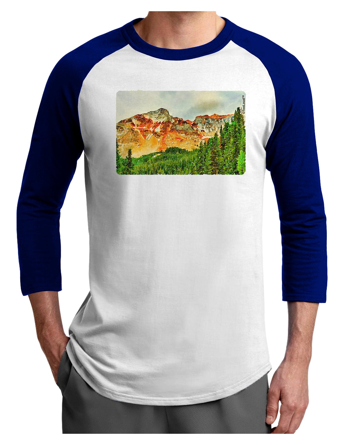 Colorado Forrest Watercolor Adult Raglan Shirt-TooLoud-White-Royal-X-Small-Davson Sales