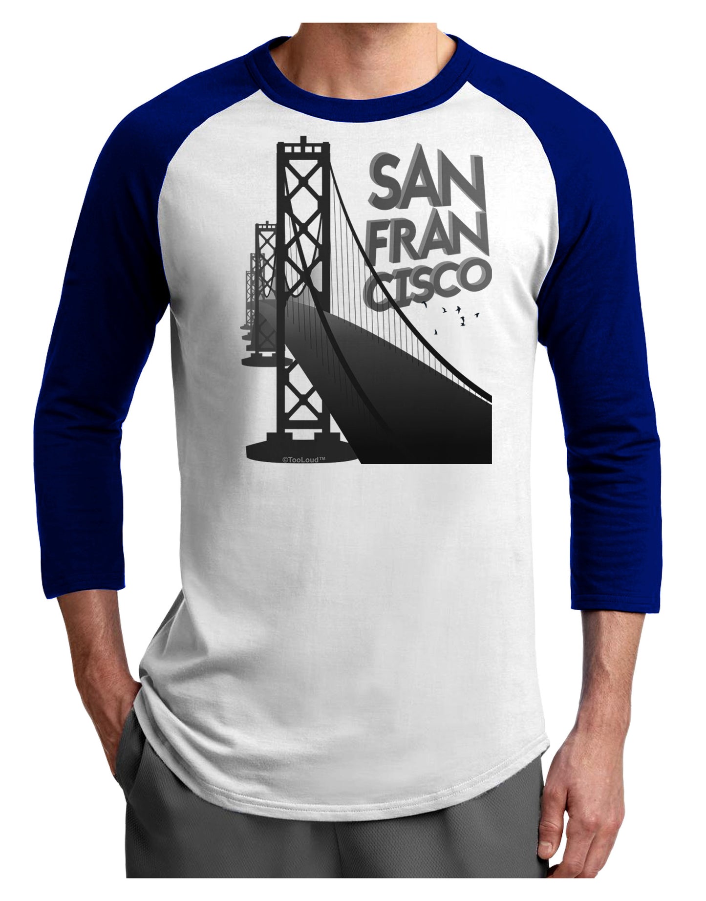 San Francisco Text Bay Bridge Adult Raglan Shirt-Raglan Shirt-TooLoud-White-Royal-X-Small-Davson Sales