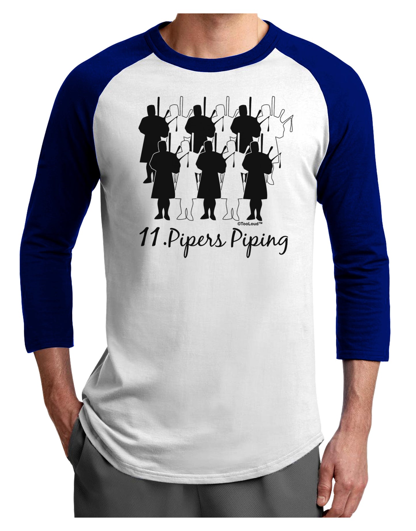 Eleven Pipers Piping Text Adult Raglan Shirt-TooLoud-White-Royal-X-Small-Davson Sales