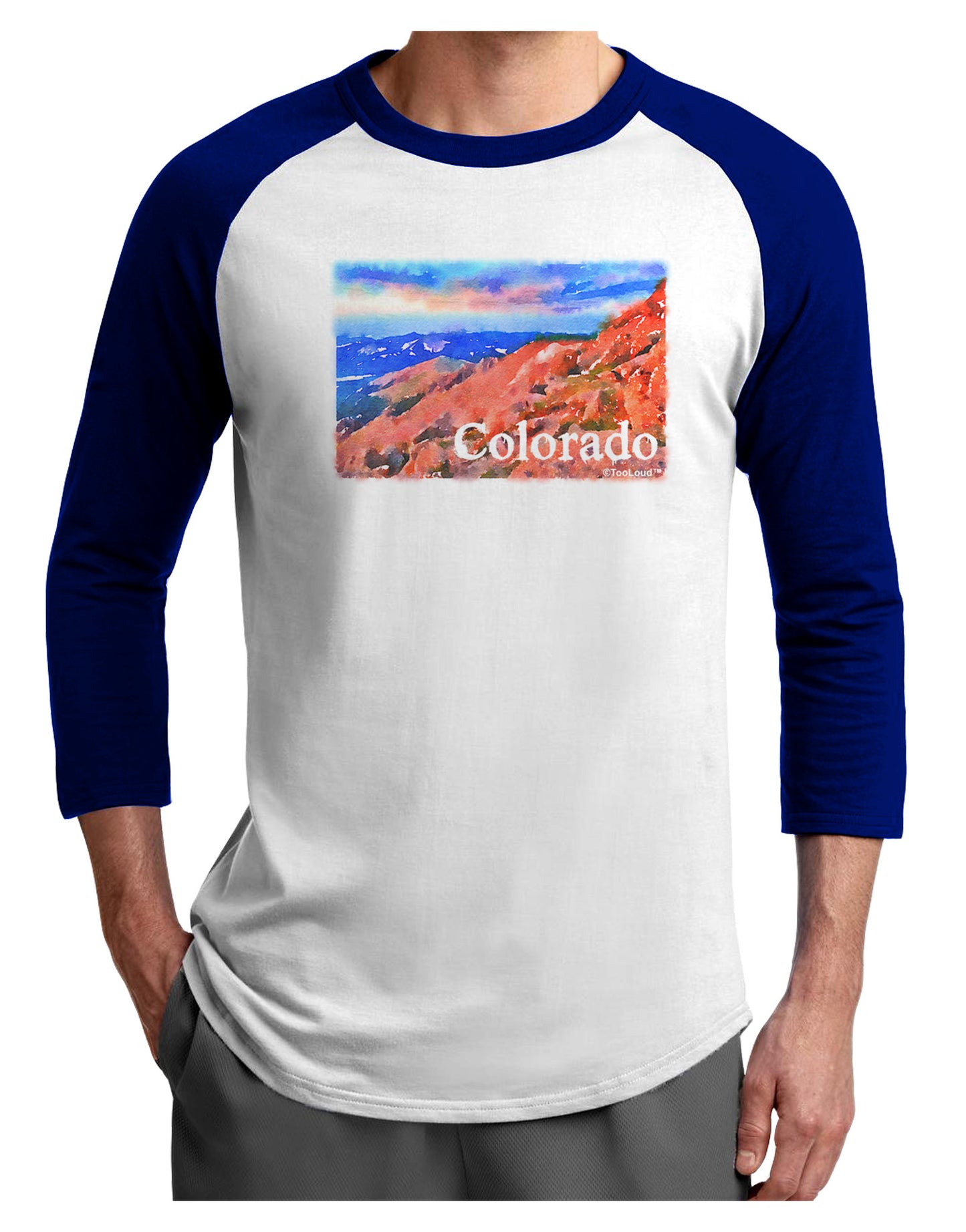 Colorado Mtn Sunset Soaked WaterColor Adult Raglan Shirt-Raglan Shirt-TooLoud-White-Royal-X-Small-Davson Sales