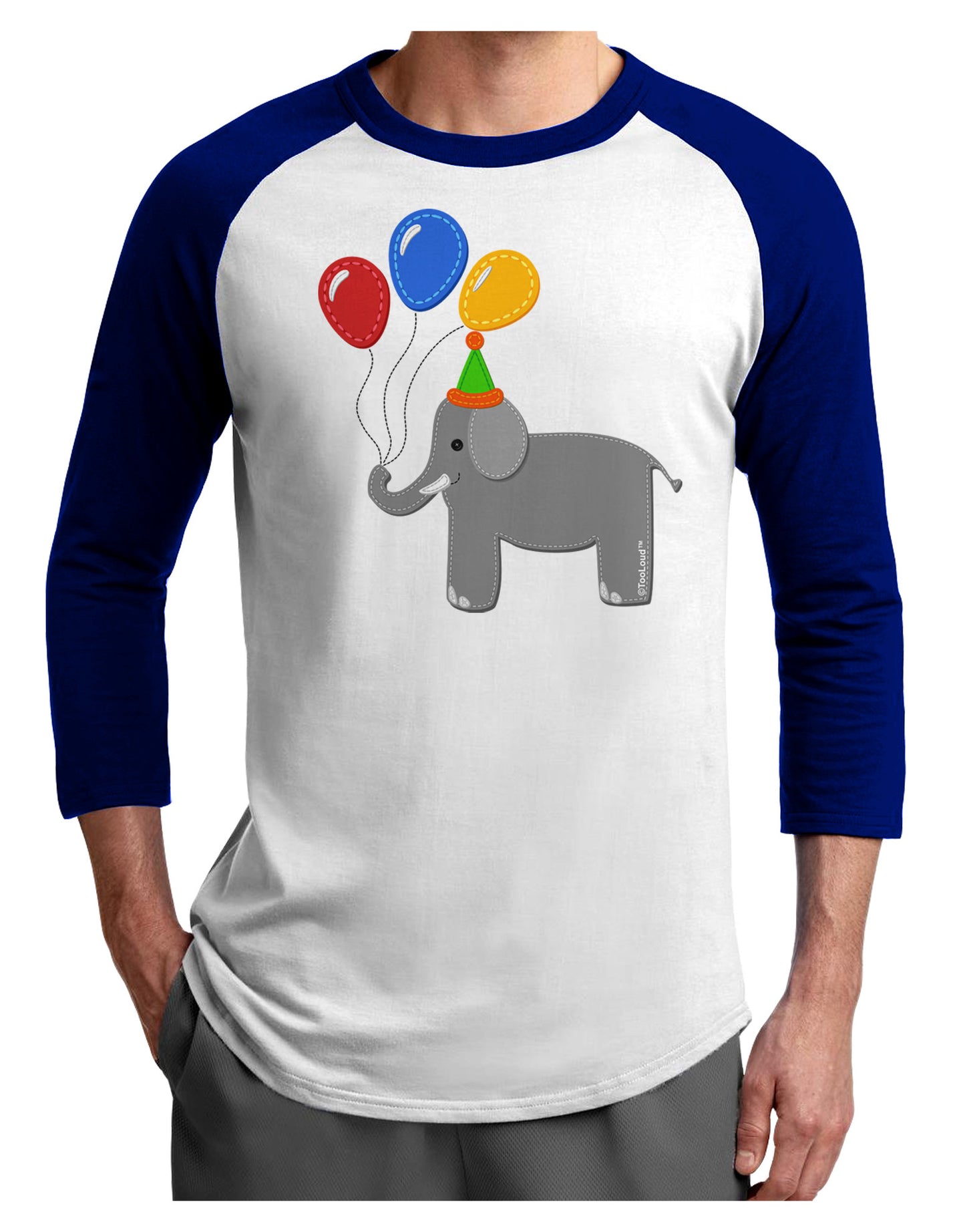 Cute Elephant with Balloons Adult Raglan Shirt-TooLoud-White-Royal-X-Small-Davson Sales