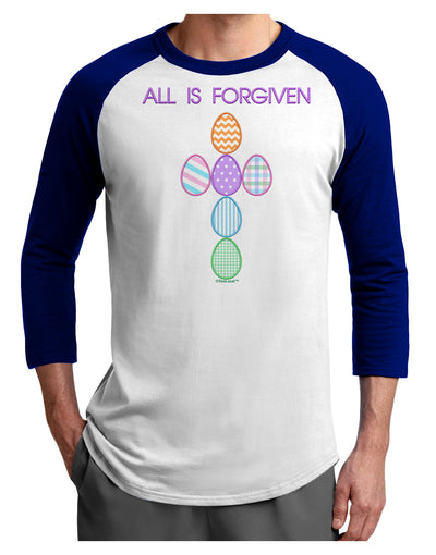 All is forgiven Cross Faux Applique Adult Raglan Shirt-Raglan Shirt-TooLoud-White-Royal-X-Small-Davson Sales