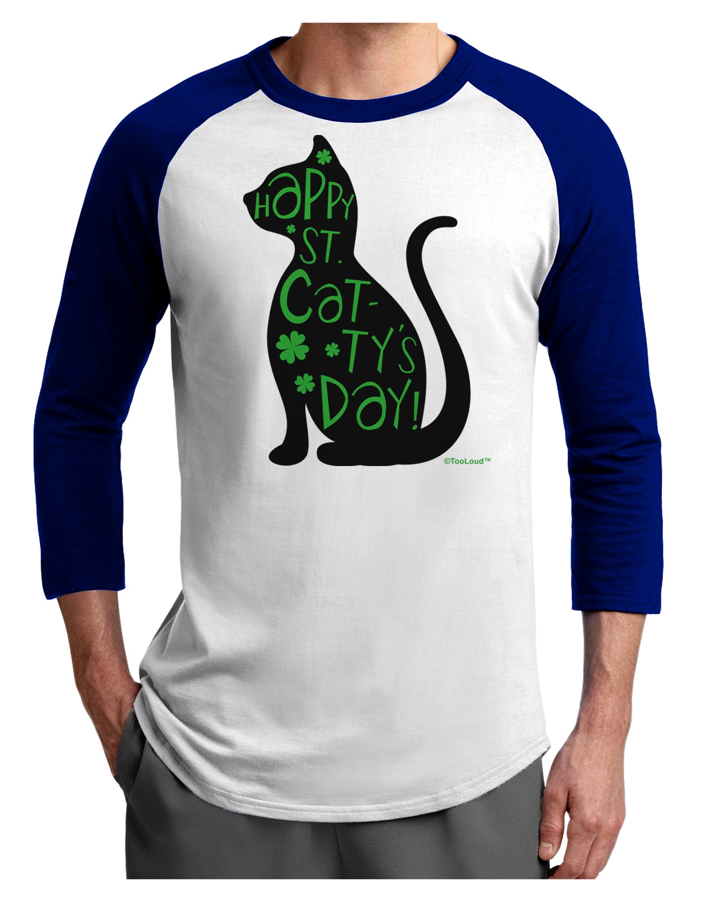 Happy St. Catty's Day - St. Patrick's Day Cat Adult Raglan Shirt by TooLoud-Mens T-Shirt-TooLoud-White-Royal-X-Small-Davson Sales