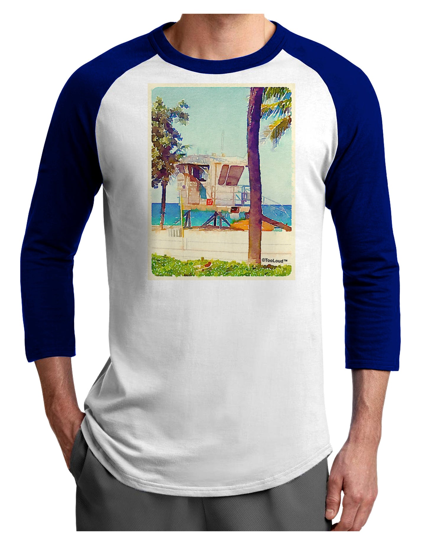 Lifeguard Station Watercolor Adult Raglan Shirt-TooLoud-White-Royal-X-Small-Davson Sales