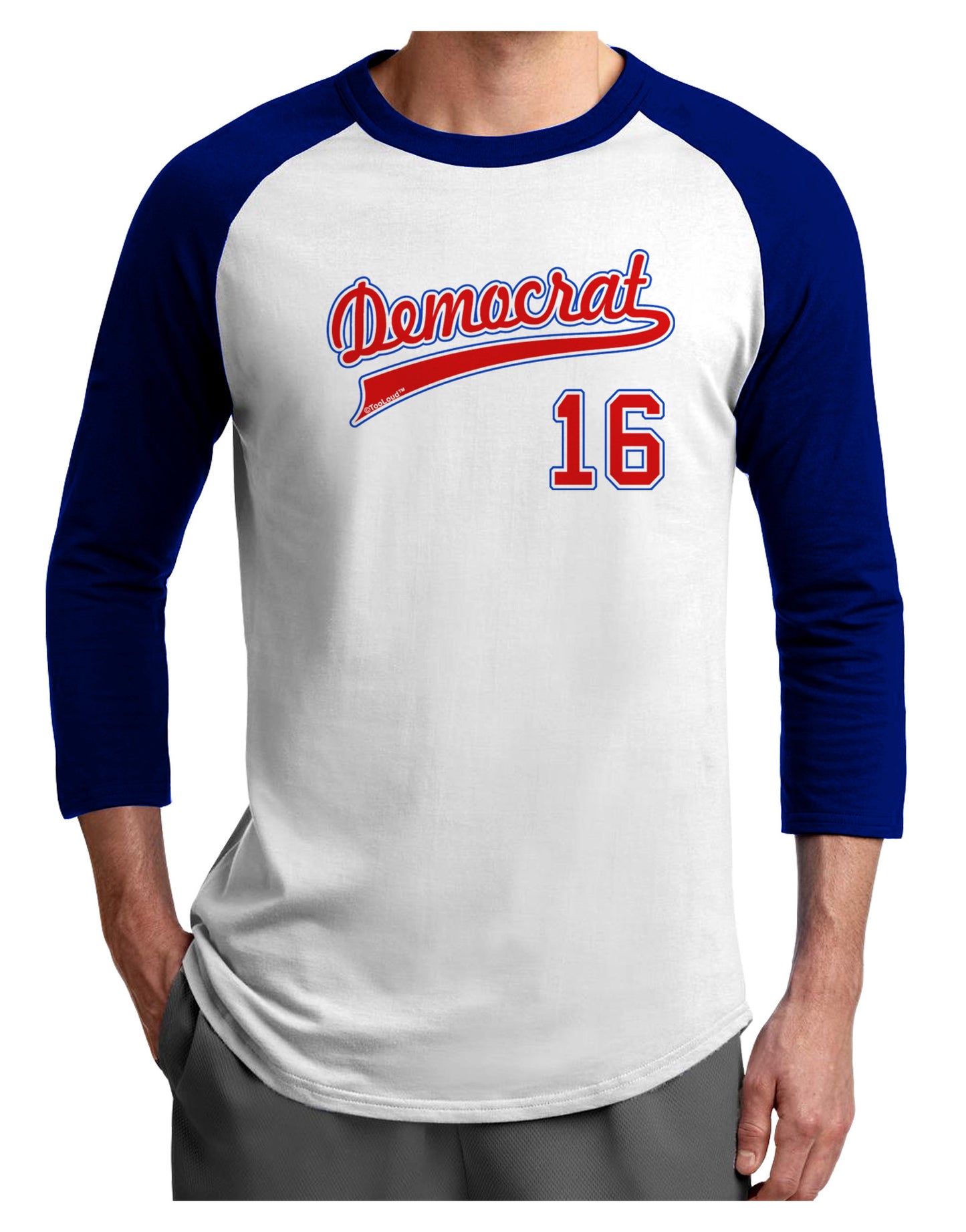 Democrat Jersey 16 Adult Raglan Shirt-TooLoud-White-Royal-X-Small-Davson Sales