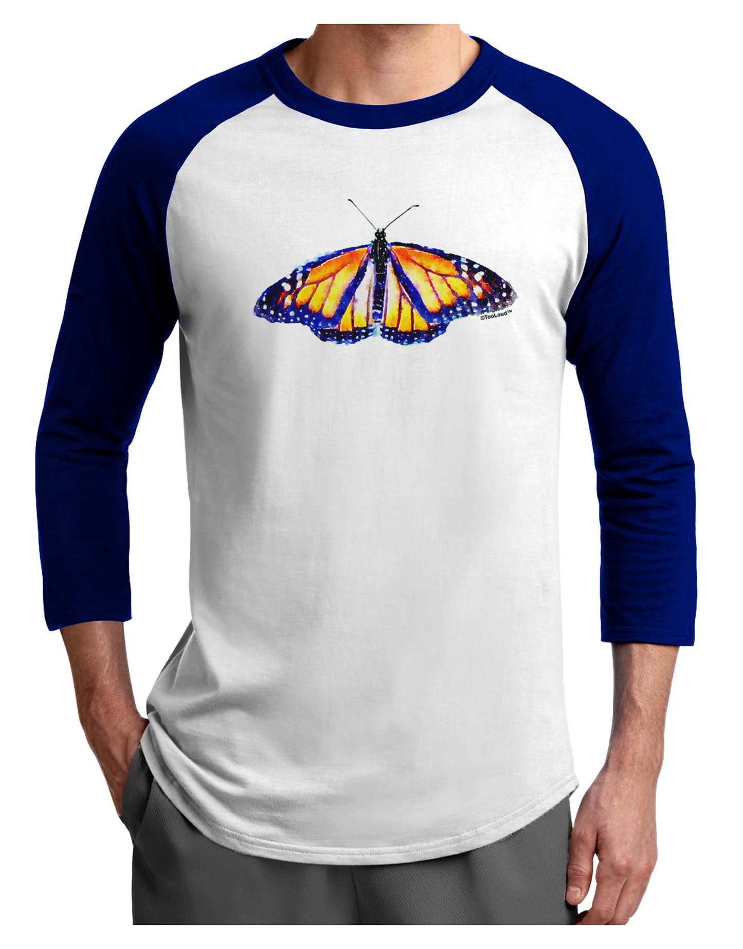 TooLoud Watercolor Monarch Butterfly Adult Raglan Shirt-TooLoud-White-Royal-X-Small-Davson Sales