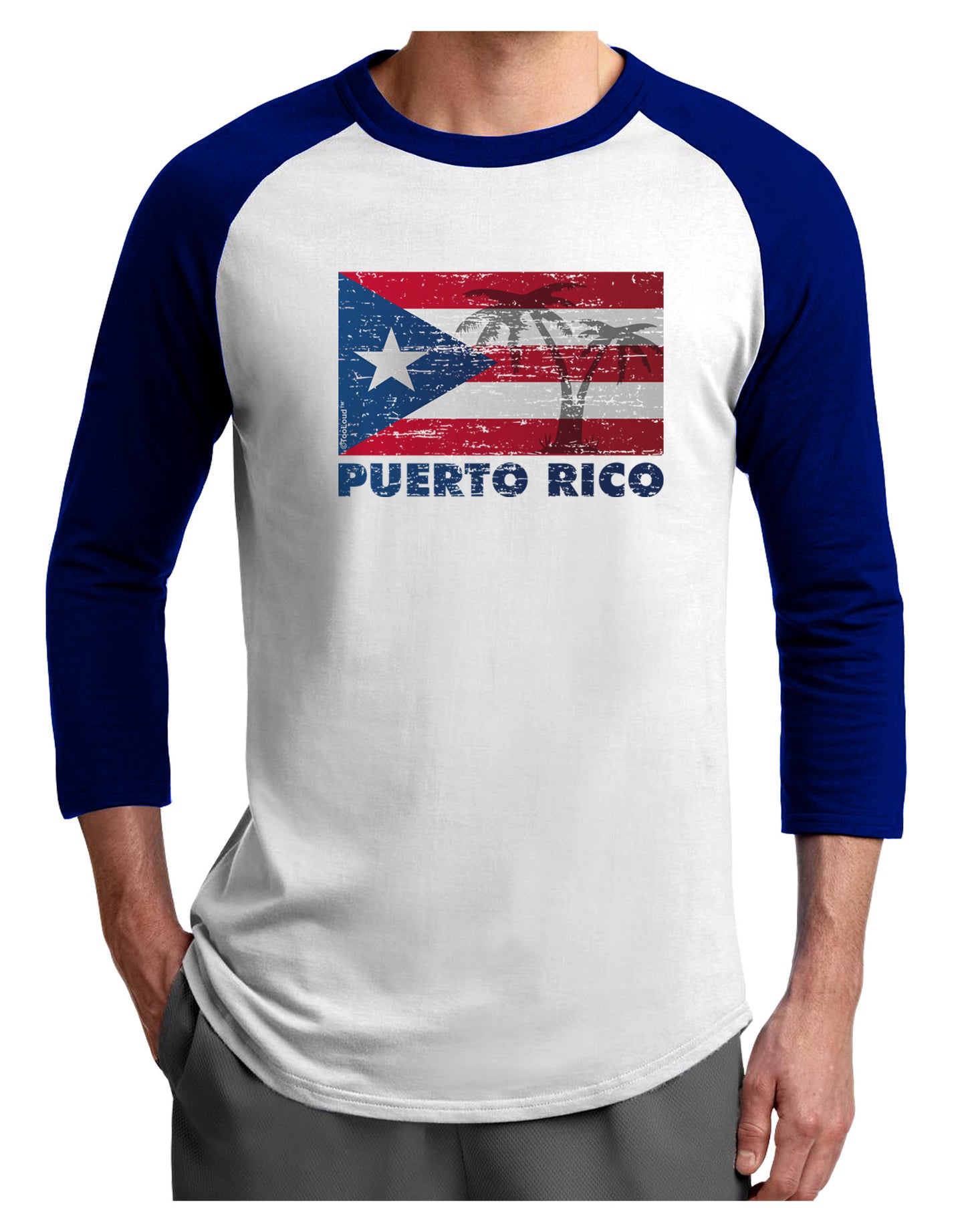 Distressed Puerto Rico Flag Adult Raglan Shirt-TooLoud-White-Royal-X-Small-Davson Sales