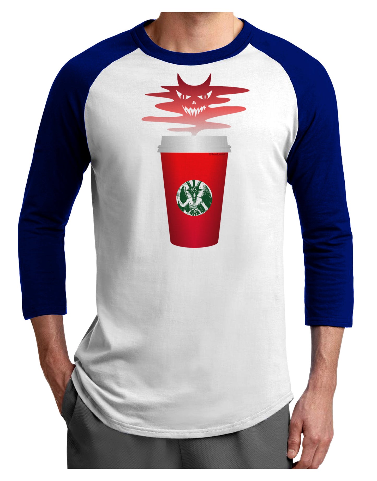 Red Cup Satan Coffee Adult Raglan Shirt by-Raglan Shirt-TooLoud-White-Royal-X-Small-Davson Sales