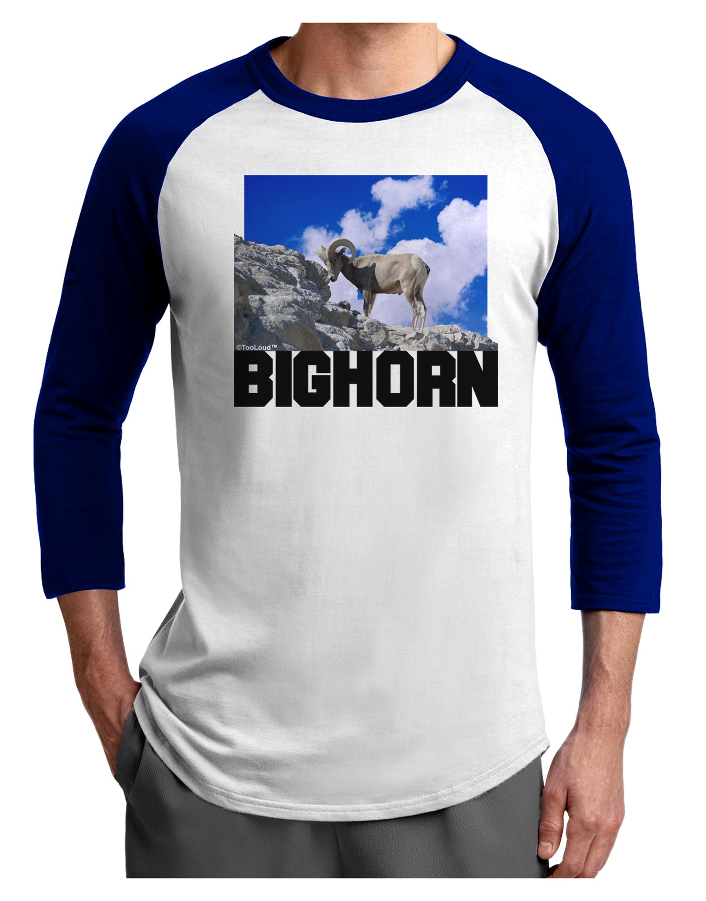 Bighorn Ram Text Adult Raglan Shirt-TooLoud-White-Royal-X-Small-Davson Sales