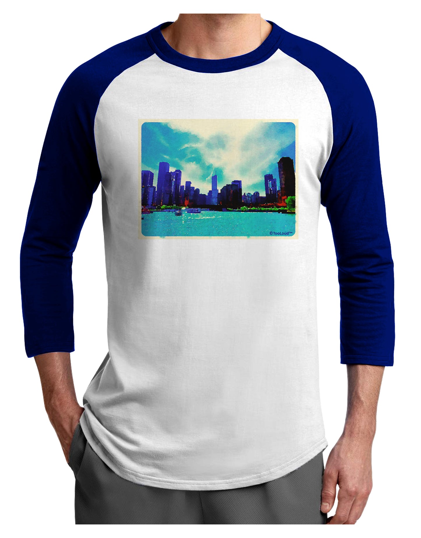 Chicago Skyline Watercolor Adult Raglan Shirt-TooLoud-White-Royal-X-Small-Davson Sales
