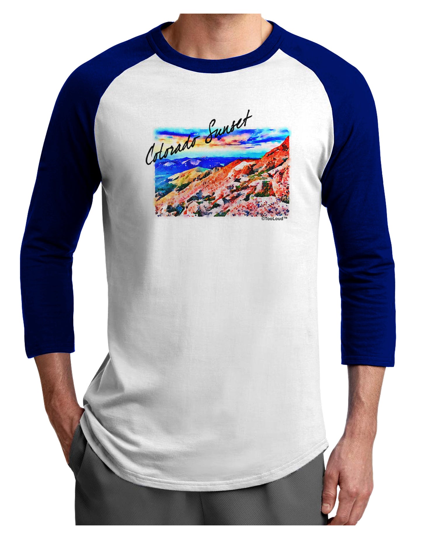 Colorado Mtn Sunset Bold WaterColor Adult Raglan Shirt-Raglan Shirt-TooLoud-White-Royal-X-Small-Davson Sales