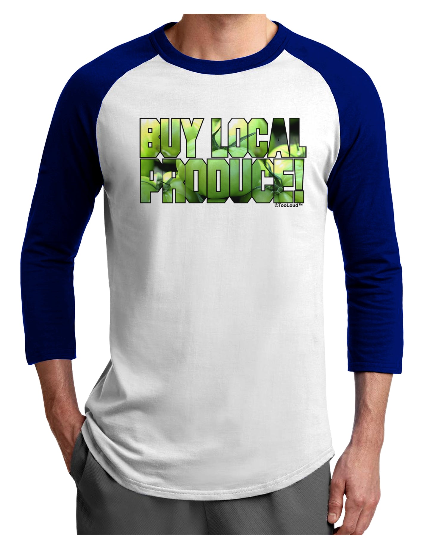 Buy Local - Green Tomatoes Text Adult Raglan Shirt-TooLoud-White-Royal-X-Small-Davson Sales