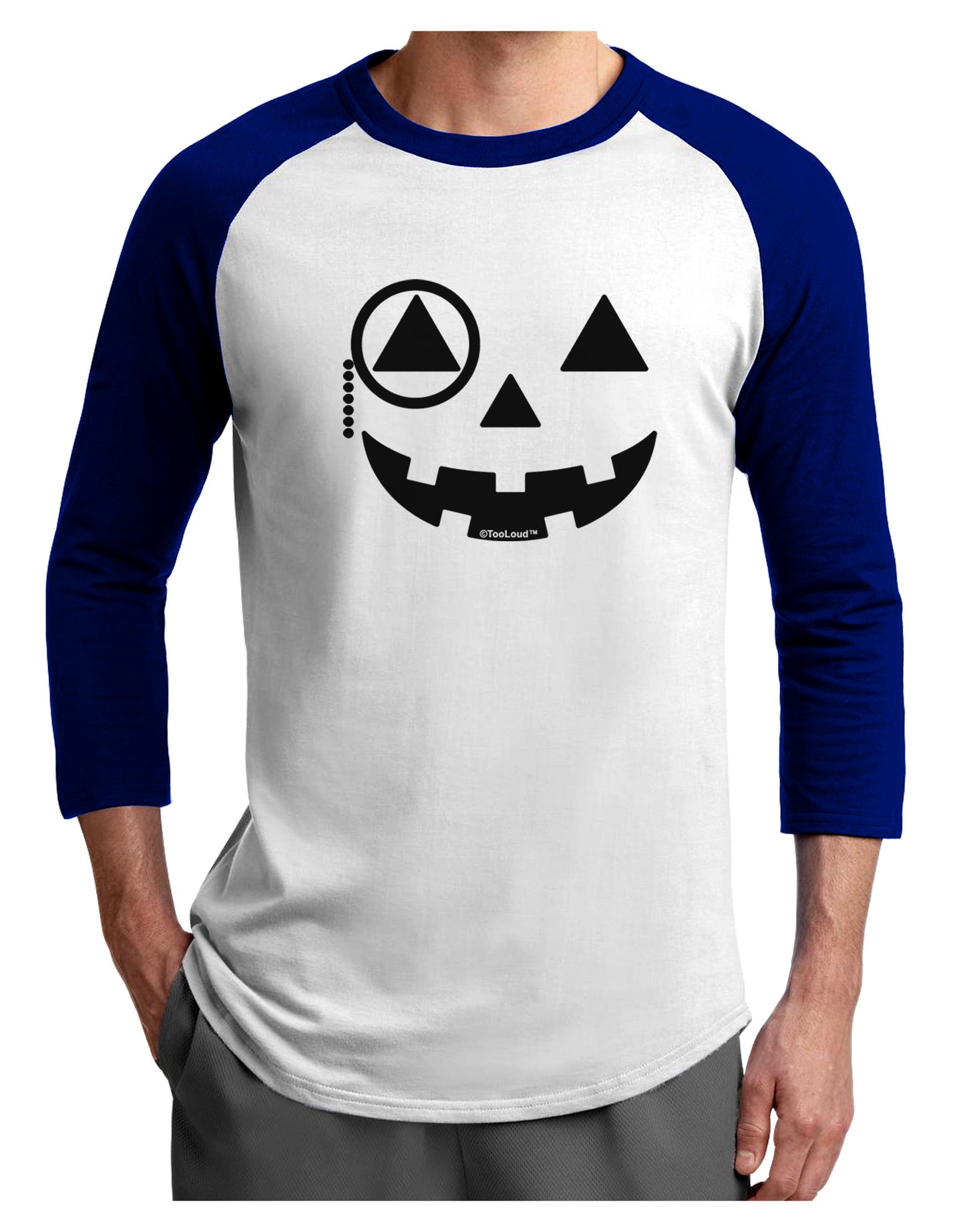 Monocle Jack-o-Lantern B-W Adult Raglan Shirt-TooLoud-White-Royal-X-Small-Davson Sales