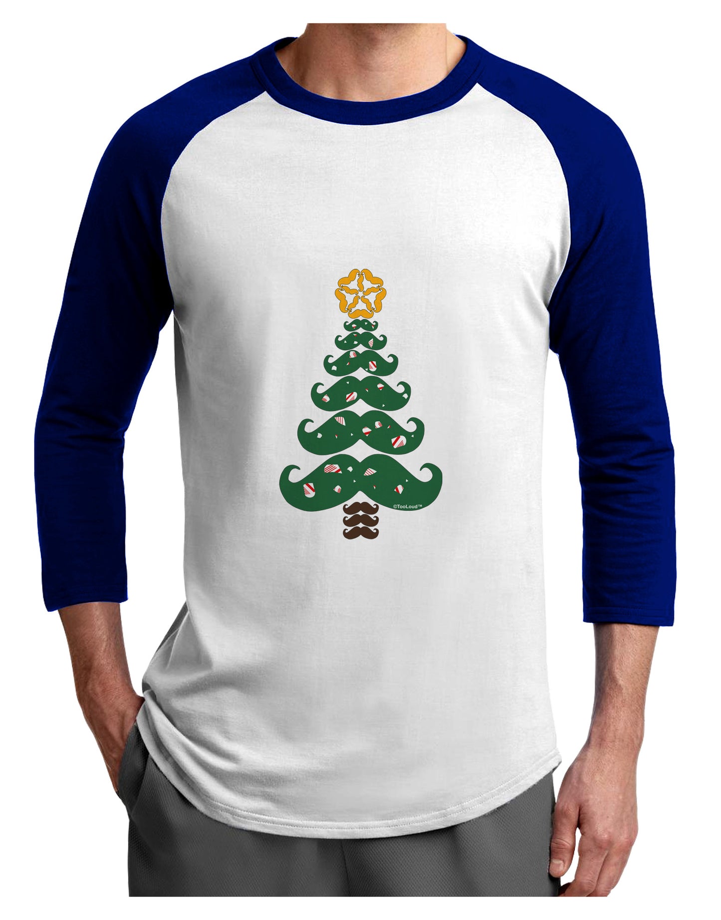 Mustache Christmas Tree Adult Raglan Shirt-TooLoud-White-Royal-X-Small-Davson Sales