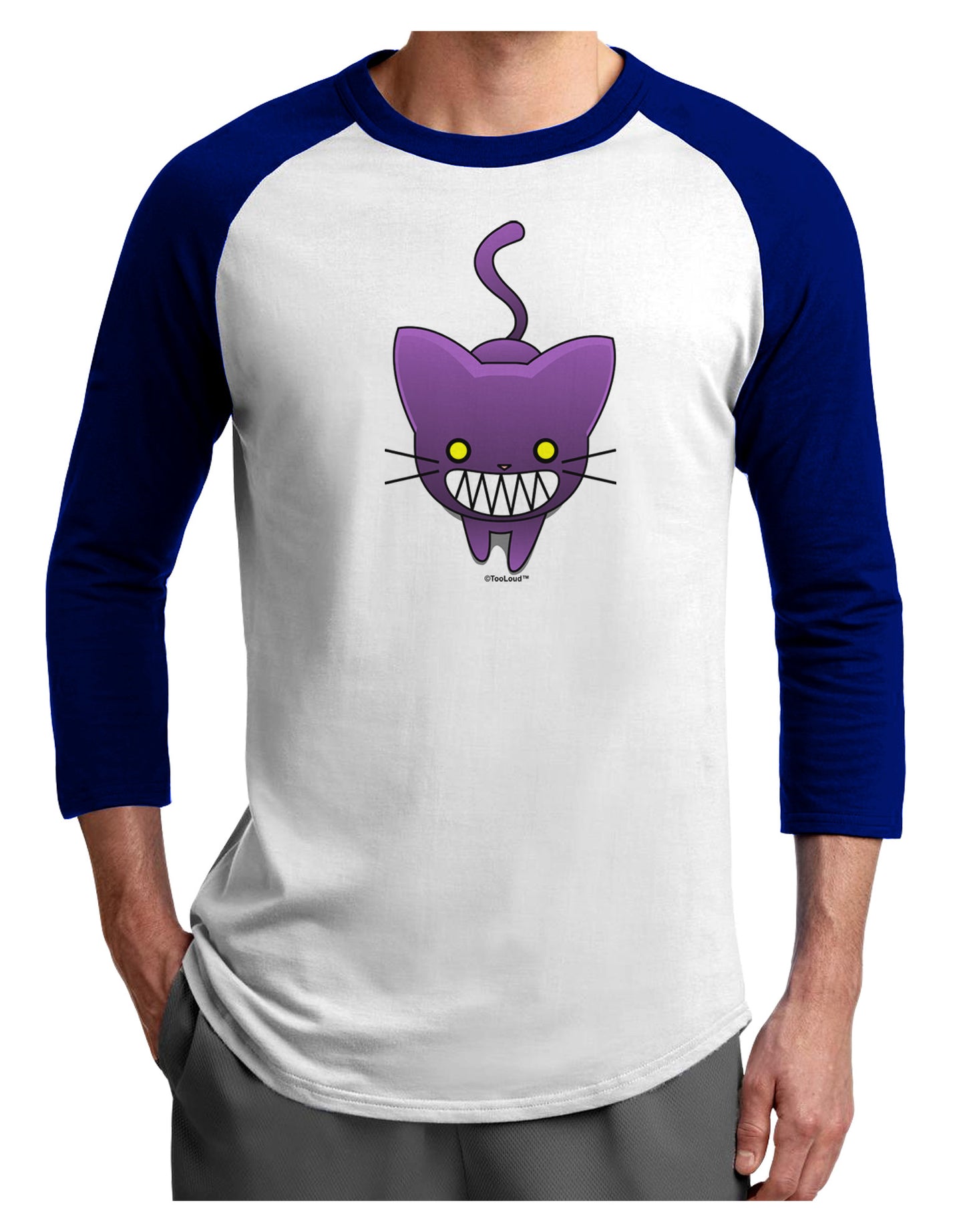 Evil Kitty Adult Raglan Shirt-TooLoud-White-Royal-X-Small-Davson Sales