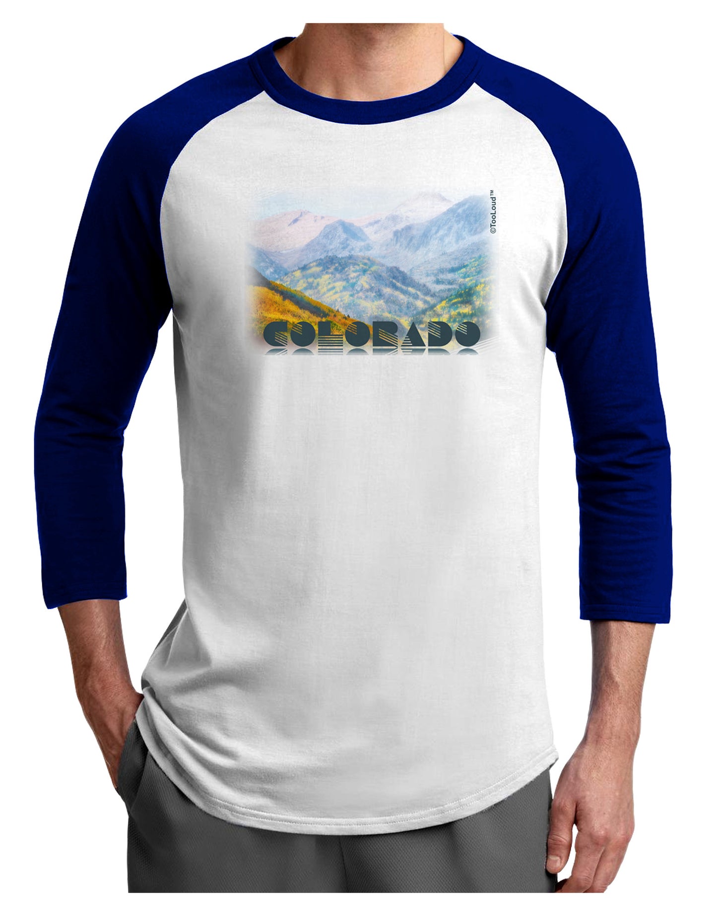 CO Fog Mountains Text Adult Raglan Shirt-Raglan Shirt-TooLoud-White-Royal-X-Small-Davson Sales