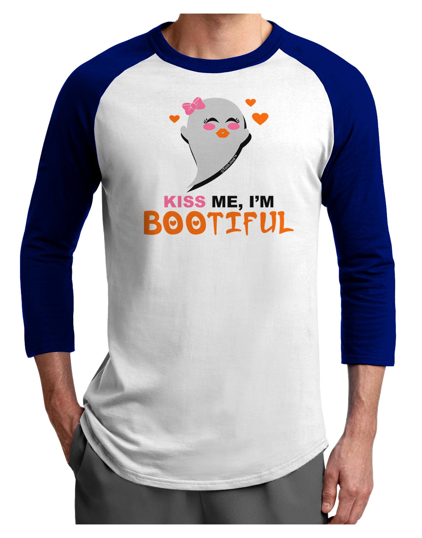 Kiss Me BOOtiful Ghost Orange Adult Raglan Shirt-Raglan Shirt-TooLoud-White-Royal-X-Small-Davson Sales
