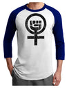 Distressed Feminism Symbol Adult Raglan Shirt-TooLoud-White-Royal-X-Small-Davson Sales