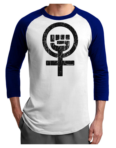 Distressed Feminism Symbol Adult Raglan Shirt-TooLoud-White-Royal-X-Small-Davson Sales