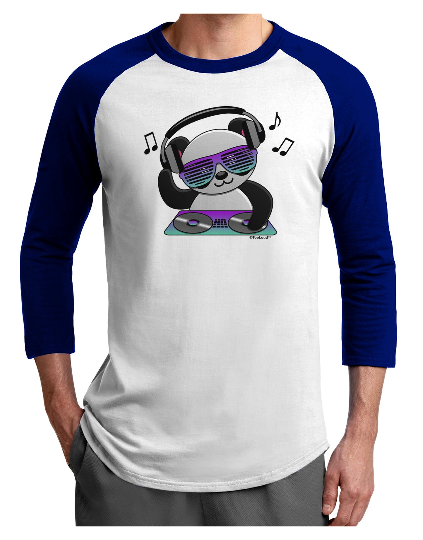 Panda DJ Adult Raglan Shirt-TooLoud-White-Royal-X-Small-Davson Sales