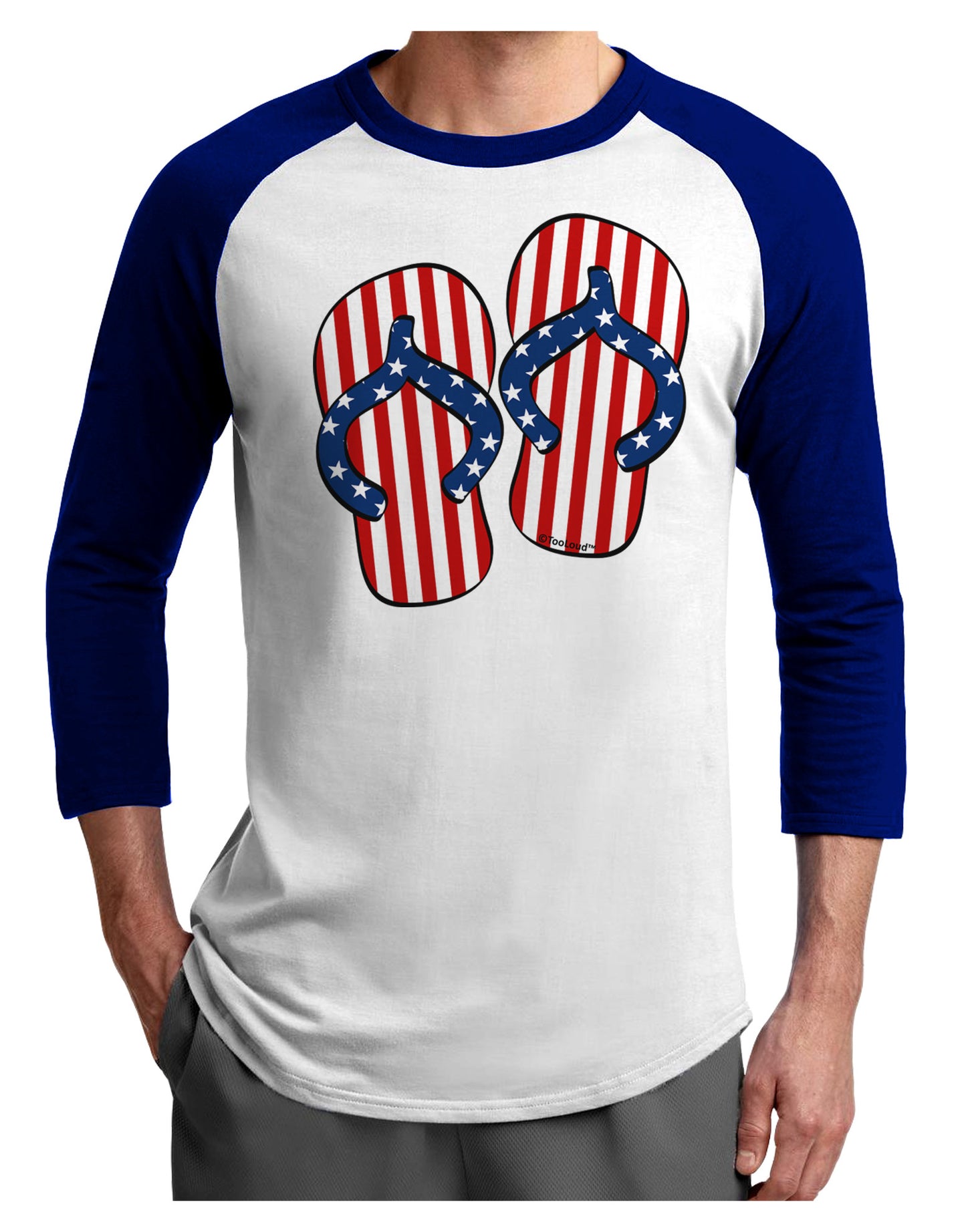 Stars and Stripes Flip Flops Adult Raglan Shirt-TooLoud-White-Royal-X-Small-Davson Sales