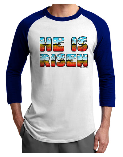 He Is Risen - Easter - Sunrise Letters Adult Raglan Shirt-Raglan Shirt-TooLoud-White-Royal-X-Small-Davson Sales