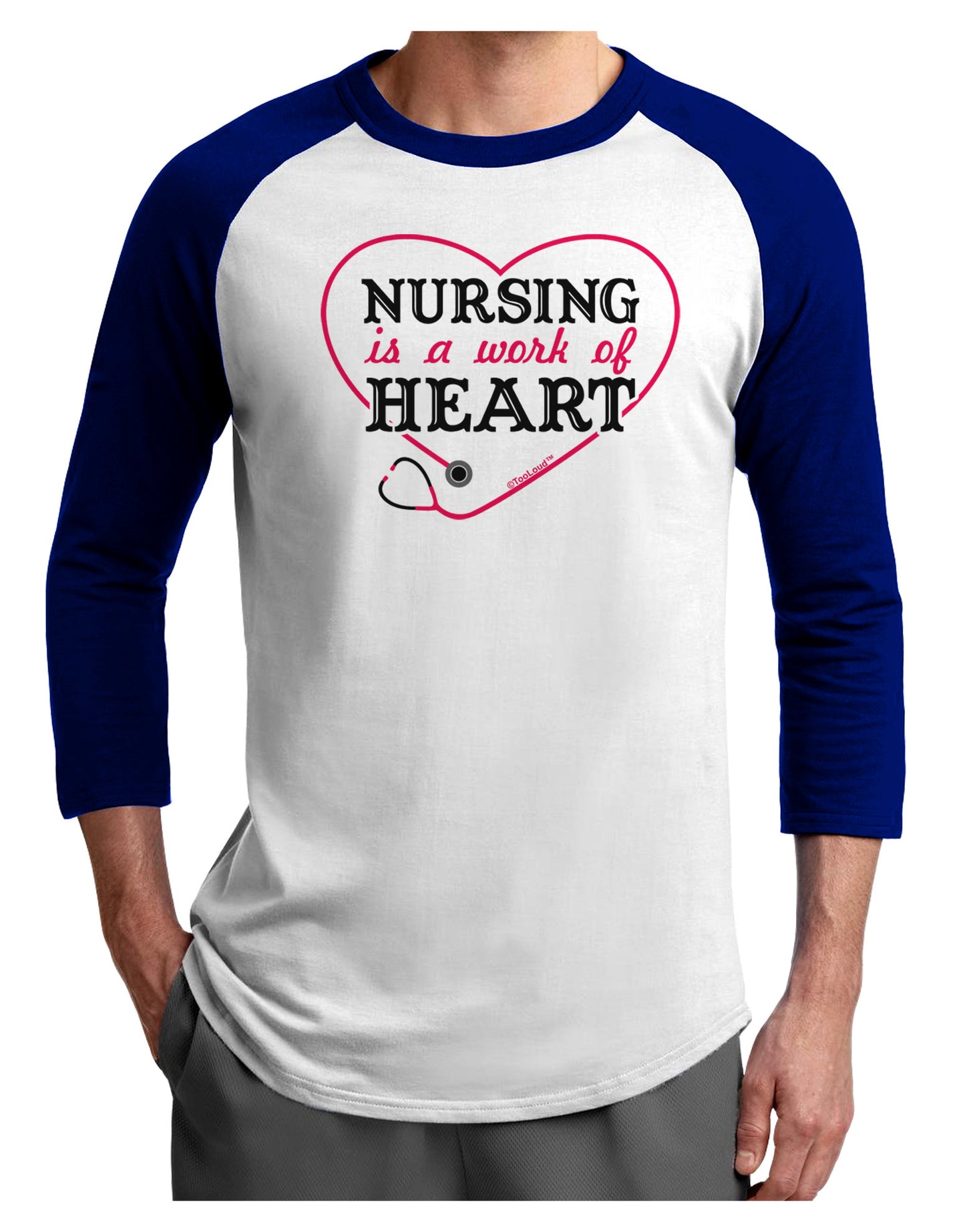 Nursing Is A Work Of Heart Adult Raglan Shirt-TooLoud-White-Royal-X-Small-Davson Sales