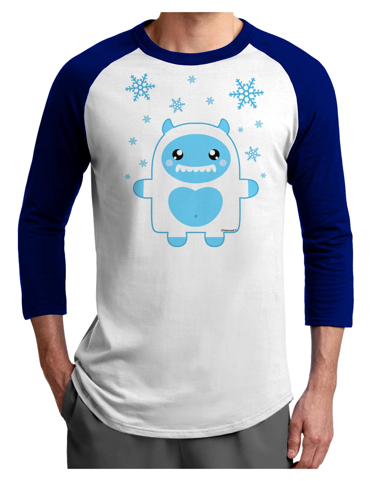 Cute Abominable Snowman Boy Yeti - Christmas Adult Raglan Shirt-TooLoud-White-Royal-X-Small-Davson Sales