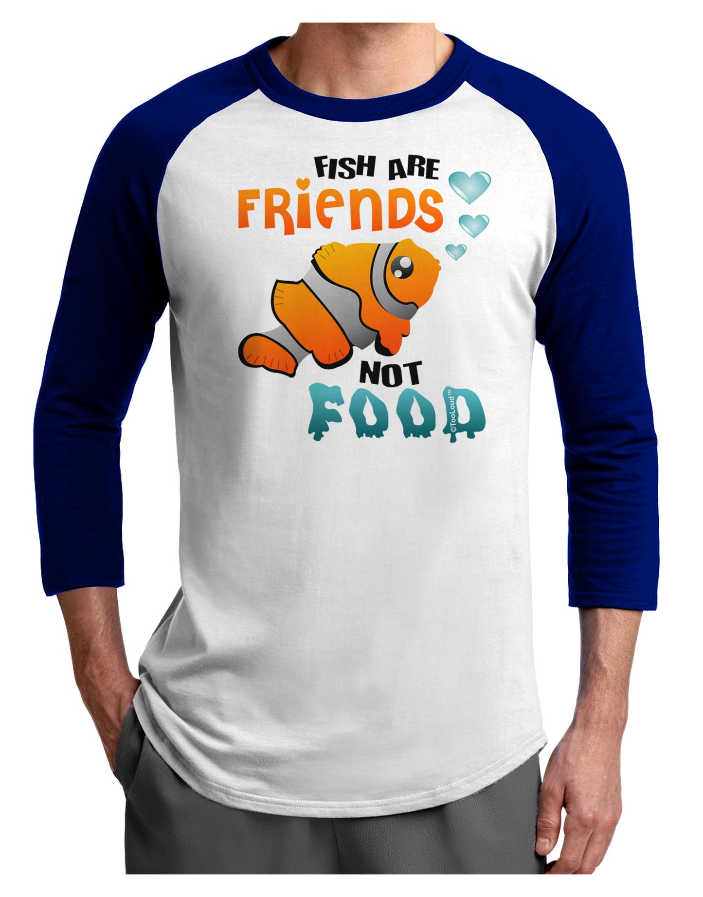 Fish Are Friends Not Food Adult Raglan Shirt-Raglan Shirt-TooLoud-White-Royal-X-Small-Davson Sales