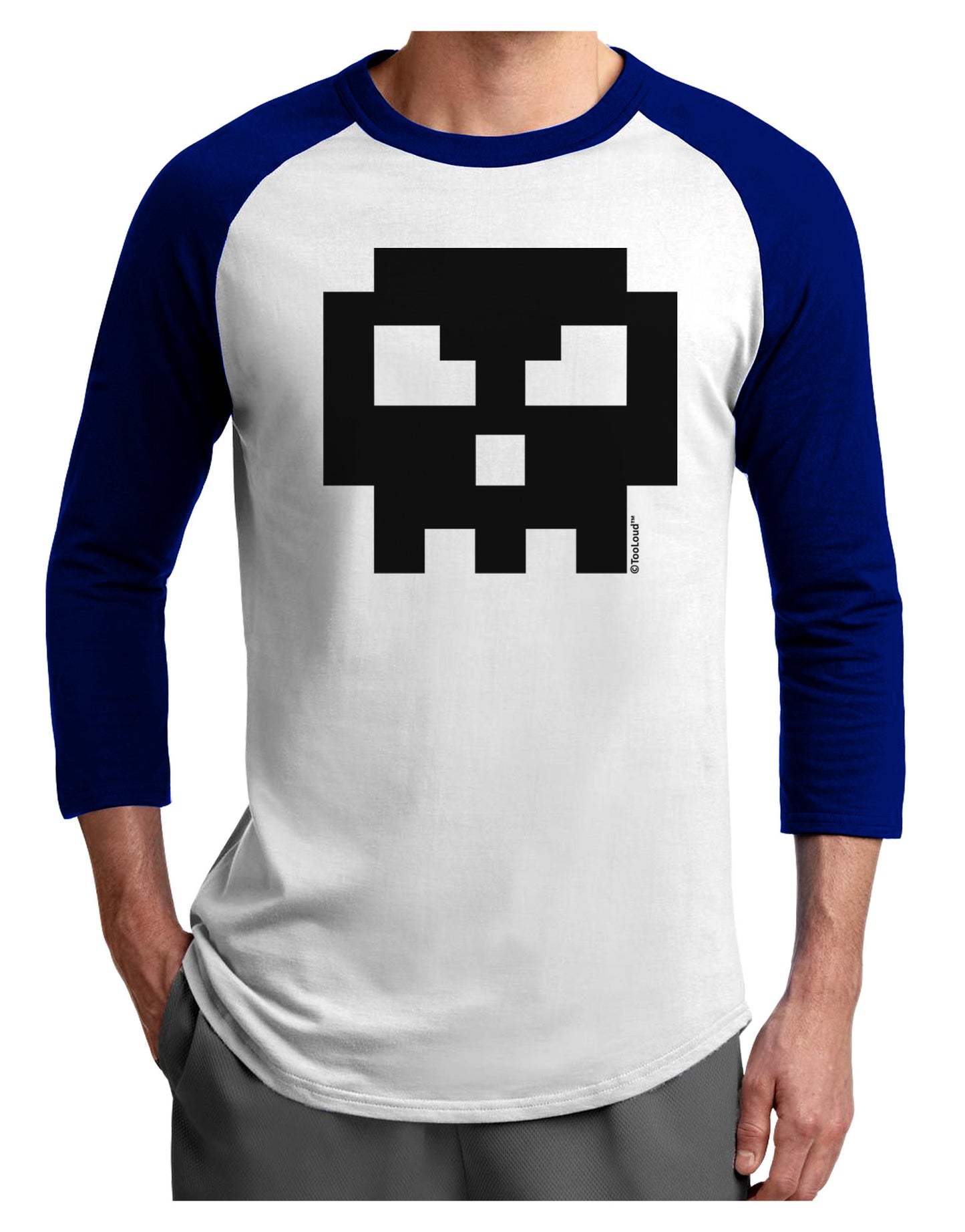 Retro 8-Bit Skull Adult Raglan Shirt-TooLoud-White-Royal-X-Small-Davson Sales