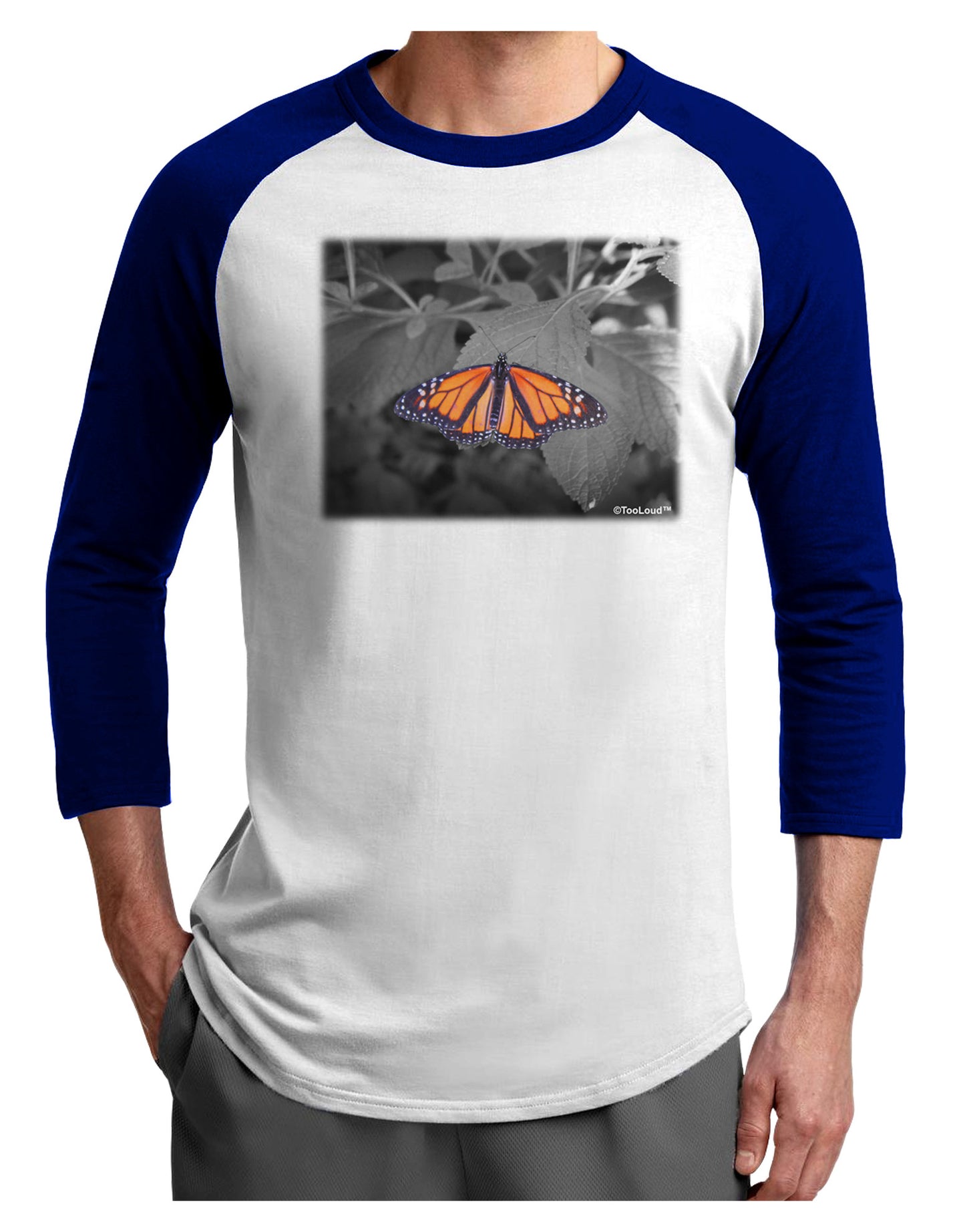 Monarch Butterfly Photo Adult Raglan Shirt-TooLoud-White-Royal-X-Small-Davson Sales