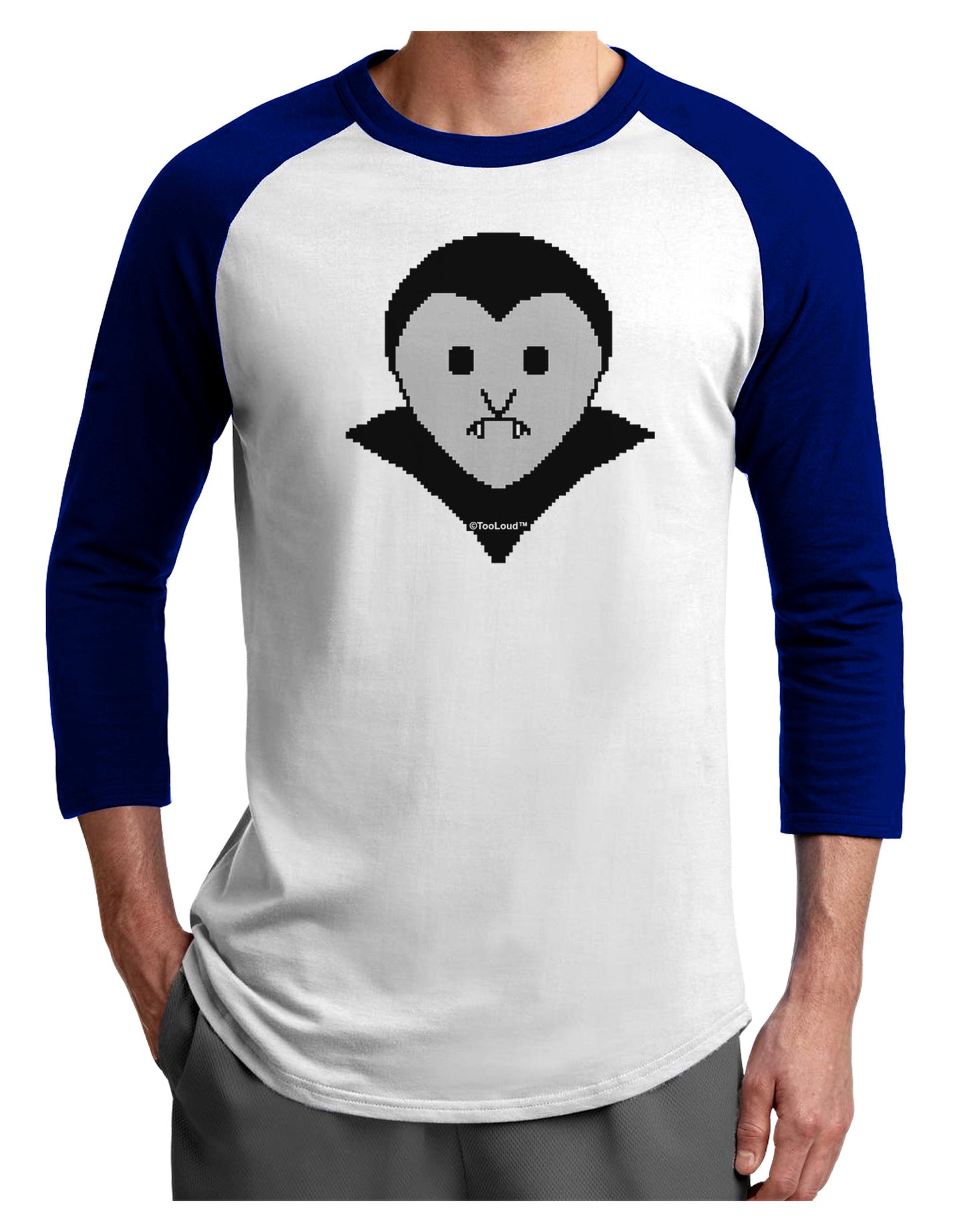 Cute Pixel Vampire Male Adult Raglan Shirt-TooLoud-White-Royal-X-Small-Davson Sales