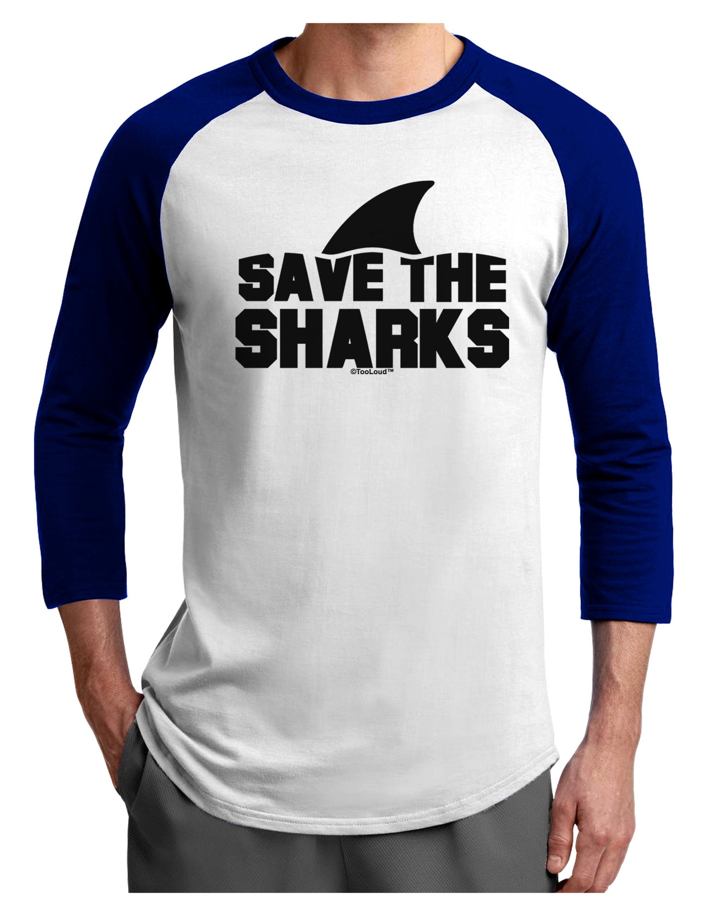 Save The Sharks - Fin Adult Raglan Shirt-TooLoud-White-Royal-X-Small-Davson Sales