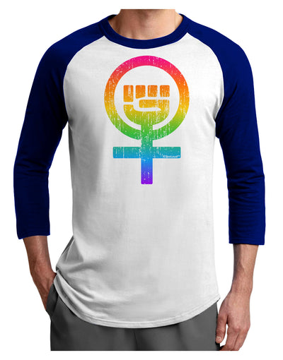 Rainbow Distressed Feminism Symbol Adult Raglan Shirt-TooLoud-White-Royal-X-Small-Davson Sales