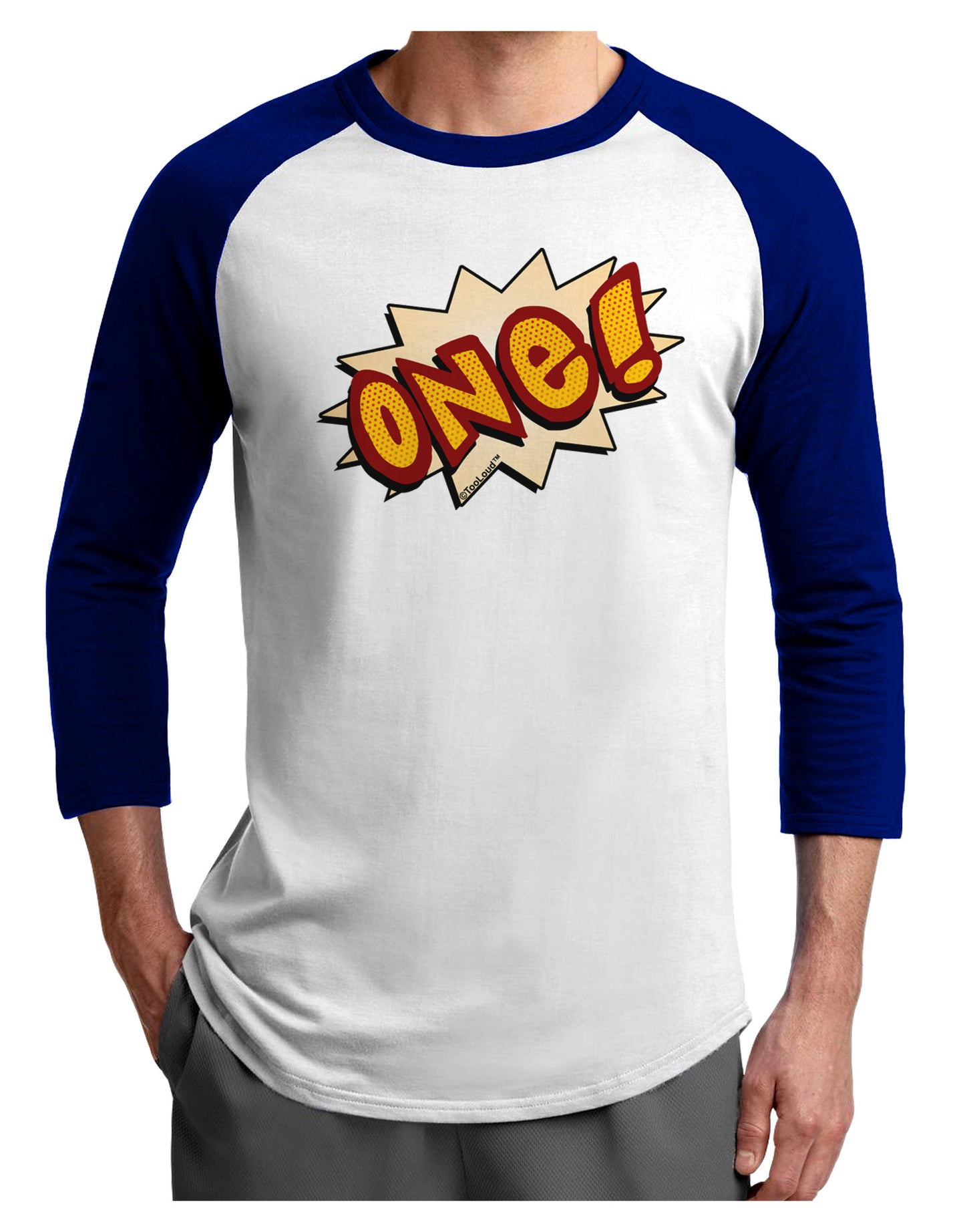 Onomatopoeia One Birthday Adult Raglan Shirt-TooLoud-White-Royal-X-Small-Davson Sales