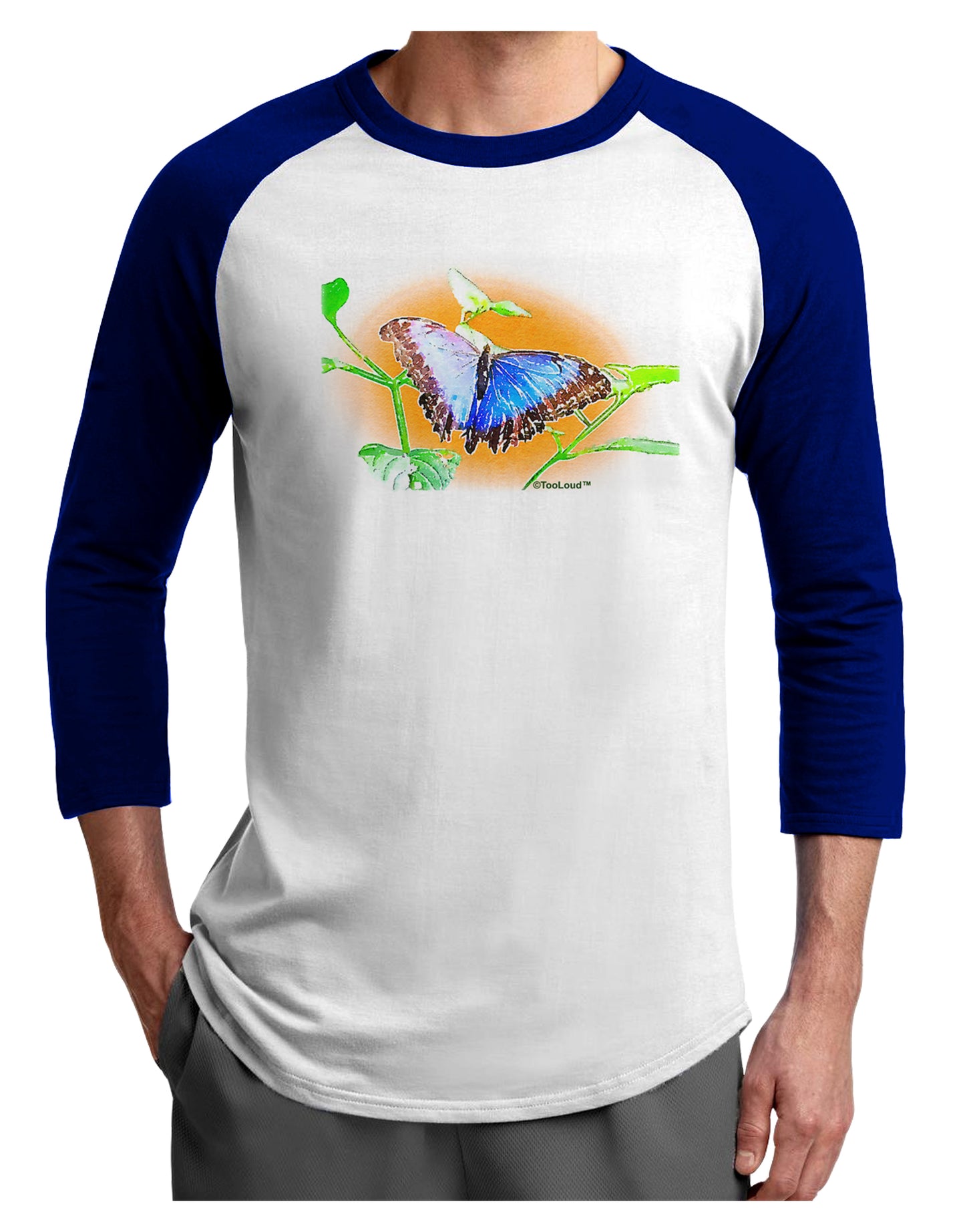 Blue Watercolor Butterfly Adult Raglan Shirt-TooLoud-White-Royal-X-Small-Davson Sales