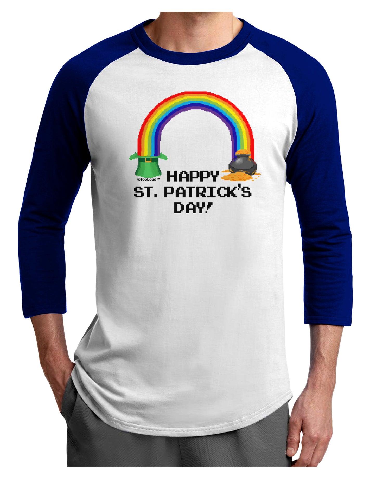 Pixel Pot of Gold St Patrick Text Adult Raglan Shirt-TooLoud-White-Royal-X-Small-Davson Sales